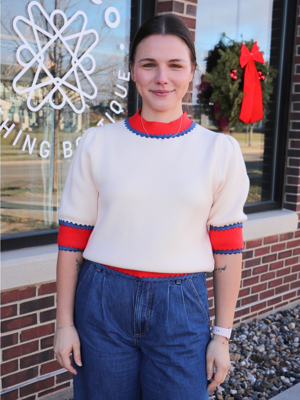 THML Cream Short-Sleeve Sweater with Red & Blue Trim